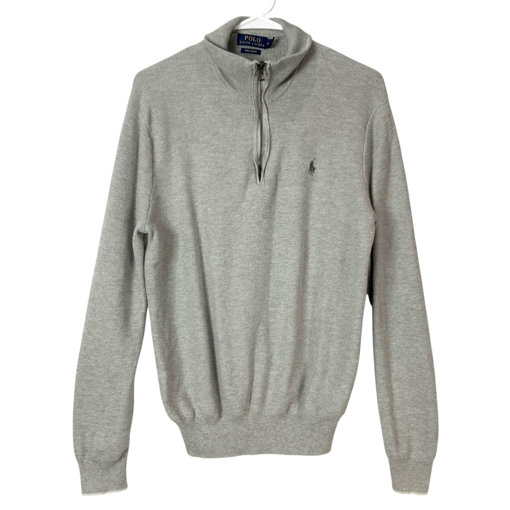 Polo Ralph Lauren Grey Pima Cotton Sweater M Quarter Zip Mock Neck Long Sleeve